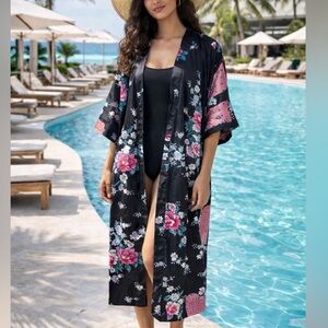 Black satin kimono robe with gorgeous Japanese-inspired floral print